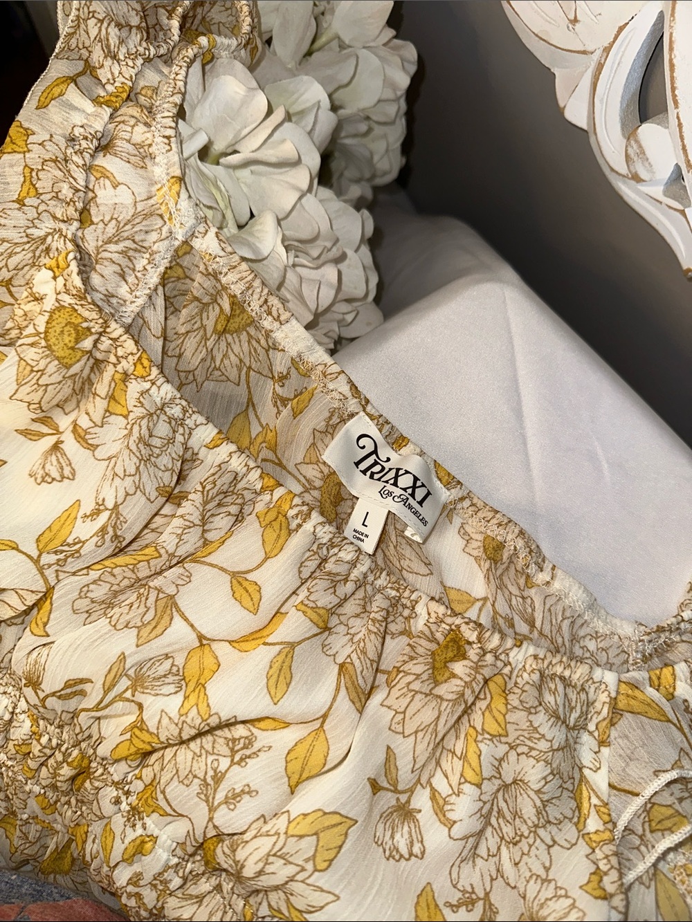 Trixxi Floral Off-Shoulder Dress in White and Mustard Yellow